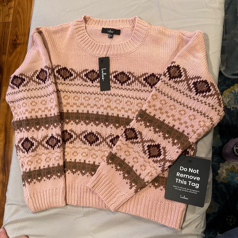 NWT Lulus Fair Isle Knit Sweater Pink Brown Crewneck | Size M